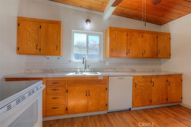 kitchen featuring light wood-style flooring, white appliances, wooden ceiling, and a sink