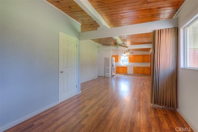 unfurnished room featuring wood finished floors, beam ceiling, baseboards, and a wealth of natural light