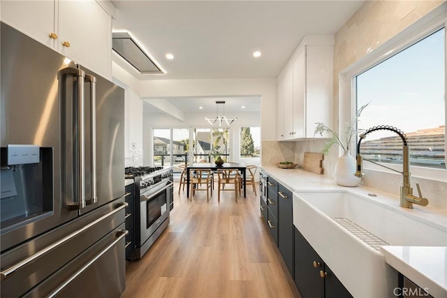 kitchen featuring light wood-style floors, high quality appliances, a sink, and white cabinets