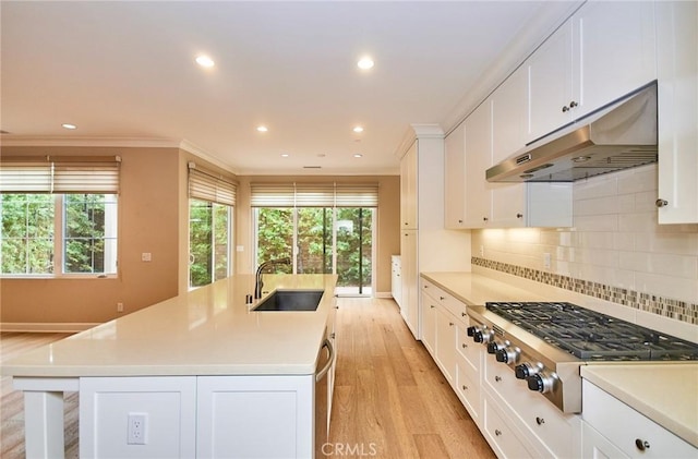 54 Trotter, Irvine, CA 92602 - kitchen with under cabinet range hood, stainless steel gas stovetop, ornamental molding, light wood-style flooring, and light countertops