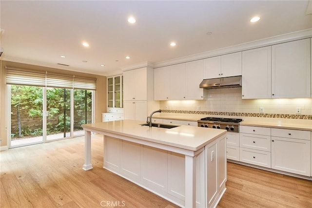 54 Trotter, Irvine, CA 92602 - kitchen with under cabinet range hood, stainless steel gas stovetop, white cabinetry, decorative backsplash, and light wood-style flooring