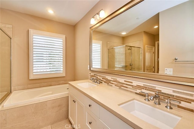 54 Trotter, Irvine, CA 92602 - full bath with a shower stall, tasteful backsplash, a bath, and double vanity