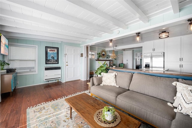 27 A Surfside Ave, Surfside, CA 90743 - living area with wood finished floors, heating unit, and beamed ceiling