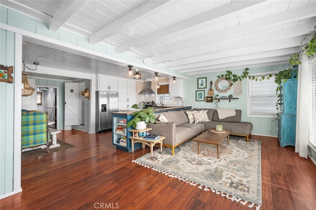 27 A Surfside Ave, Surfside, CA 90743 - living area featuring dark wood-type flooring, a wood ceiling with exposed beams, and plenty of natural light
