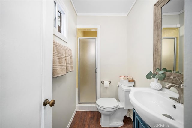 27 A Surfside Ave, Surfside, CA 90743 - full bath featuring a shower stall, wood finished floors, vanity, and crown molding