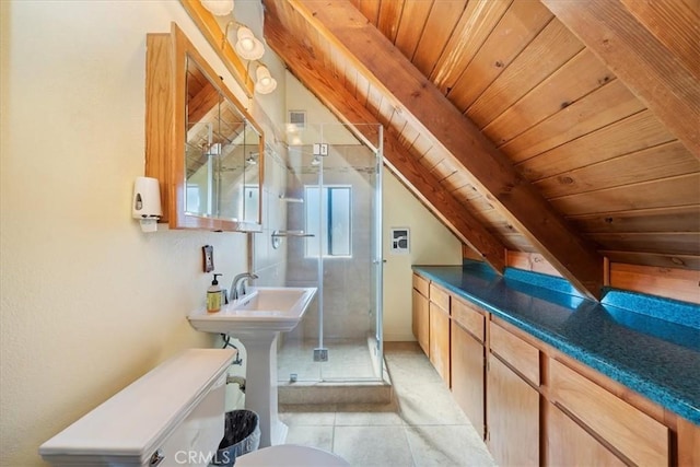 bathroom featuring a stall shower, visible vents, wooden ceiling, and tile patterned flooring
