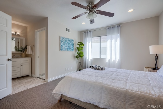 bedroom featuring visible vents, recessed lighting, baseboards, and a ceiling fan