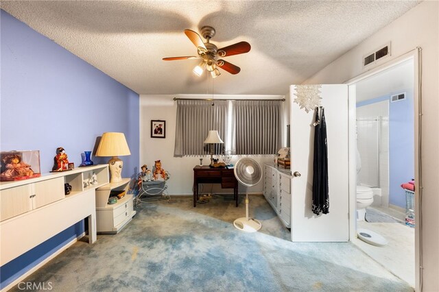 21322 Millpoint Ave, Carson, CA 90745 - bedroom with carpet flooring, a textured ceiling, visible vents, and a ceiling fan