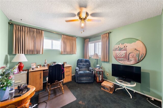 21322 Millpoint Ave, Carson, CA 90745 - office with baseboards, a textured ceiling, dark colored carpet, and ceiling fan