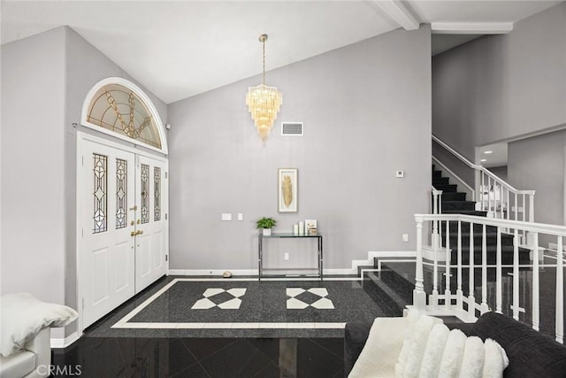 15331 Lillian Pl, Hacienda Heights, CA 91745 - entryway featuring stairway, high vaulted ceiling, baseboards, a chandelier, and visible vents