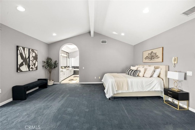 15331 Lillian Pl, Hacienda Heights, CA 91745 - carpeted bedroom featuring vaulted ceiling with beams, baseboards, and visible vents