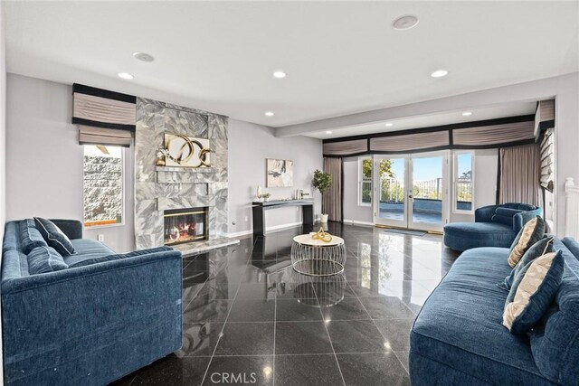 15331 Lillian Pl, Hacienda Heights, CA 91745 - living area with a fireplace, baseboards, granite finish floor, and recessed lighting