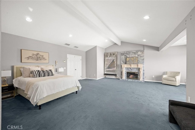 15331 Lillian Pl, Hacienda Heights, CA 91745 - bedroom with baseboards, lofted ceiling with beams, carpet, and a fireplace