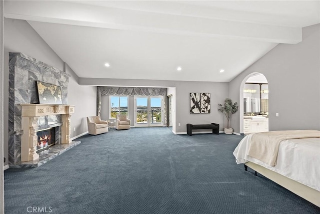15331 Lillian Pl, Hacienda Heights, CA 91745 - bedroom featuring vaulted ceiling with beams, access to exterior, carpet floors, and baseboards