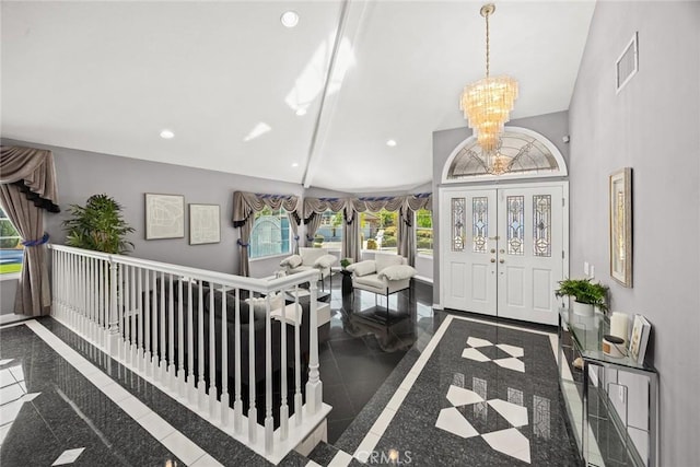15331 Lillian Pl, Hacienda Heights, CA 91745 - entrance foyer featuring baseboards, high vaulted ceiling, recessed lighting, and a notable chandelier