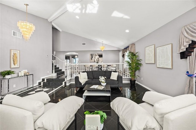 15331 Lillian Pl, Hacienda Heights, CA 91745 - living room featuring baseboards, stairs, recessed lighting, granite finish floor, and a notable chandelier
