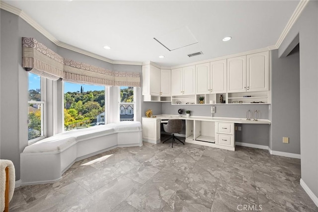 15331 Lillian Pl, Hacienda Heights, CA 91745 - unfurnished office with baseboards, visible vents, crown molding, and built in study area