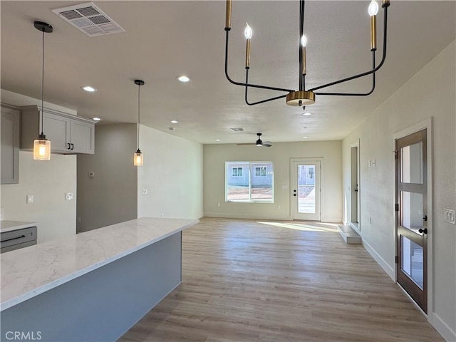 6296 Chatham Ct, Magalia, CA 95954 - unfurnished dining area featuring light wood-style floors, ceiling fan, recessed lighting, and visible vents