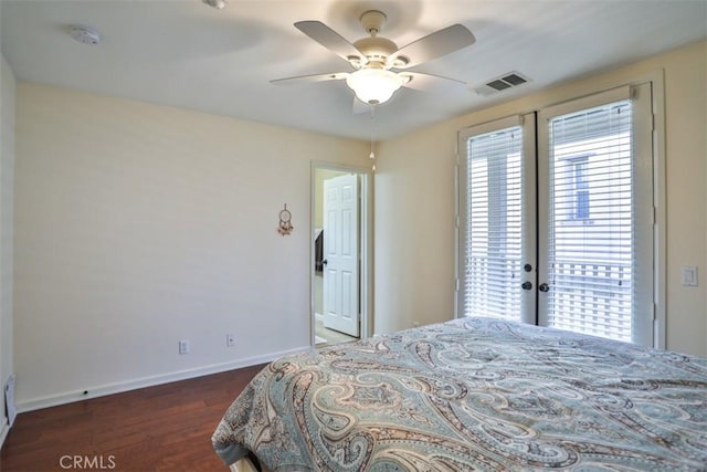 bedroom featuring access to exterior, french doors, dark wood-style floors, baseboards, and visible vents