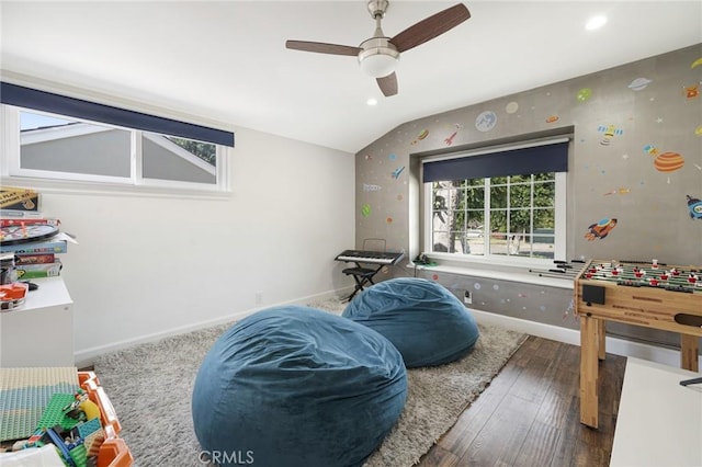 game room with recessed lighting, lofted ceiling, wallpapered walls, ceiling fan, and hardwood / wood-style floors