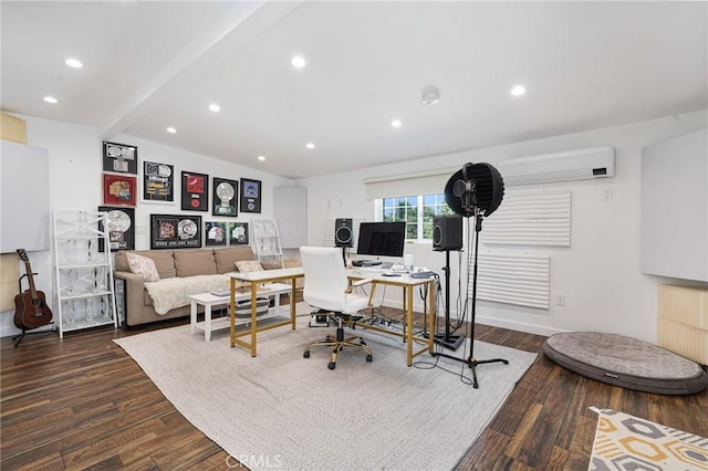 home office with dark wood finished floors, radiator, vaulted ceiling with beams, recessed lighting, and a wall mounted AC