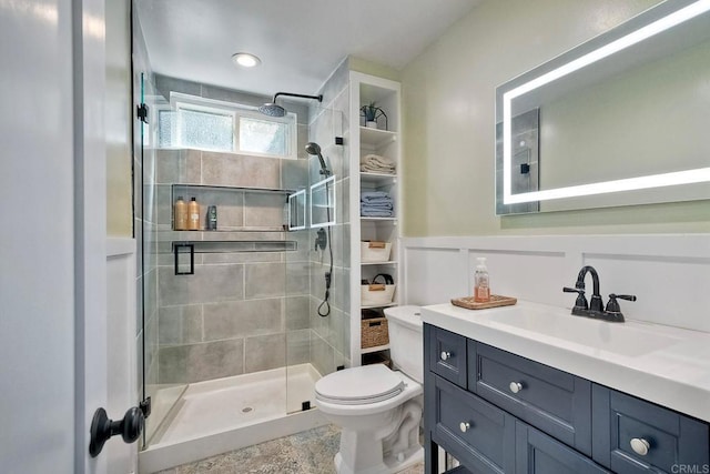 2760 Thunder Dr, Oceanside, CA 92056 - bathroom featuring a shower stall, vanity, and wainscoting