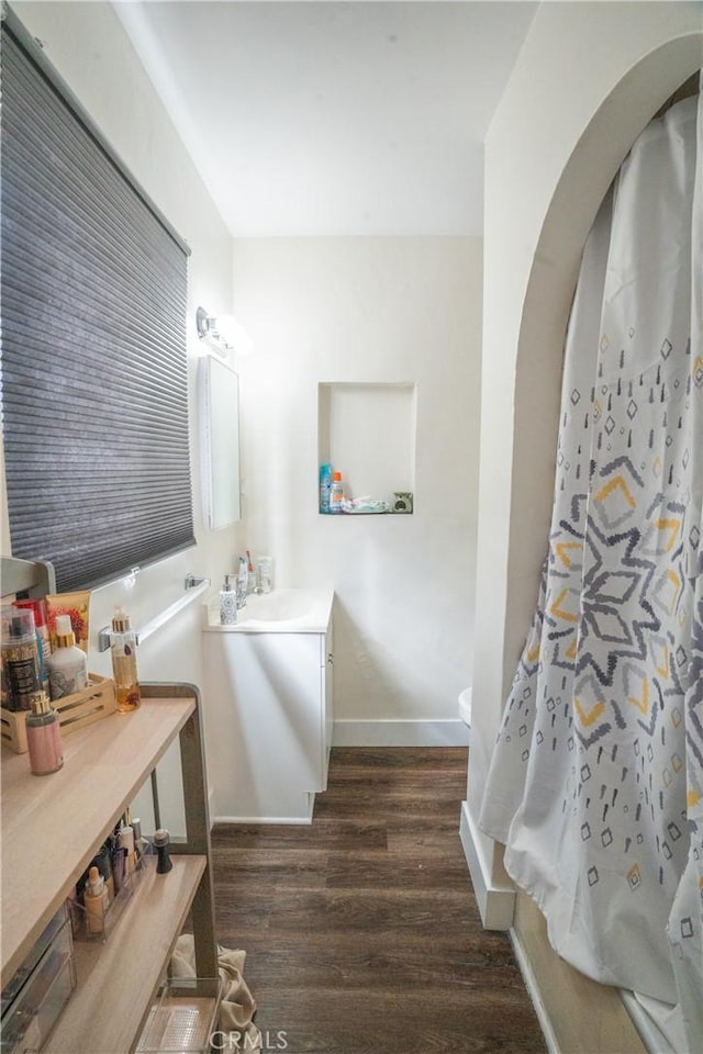 bathroom featuring baseboards, vanity, and wood finished floors