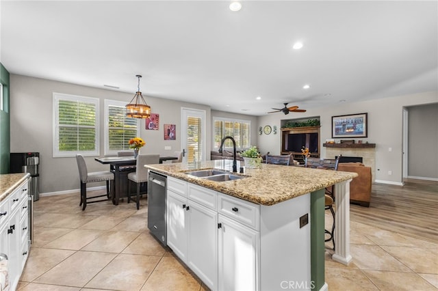 kitchen with stainless steel dishwasher, a healthy amount of sunlight, a sink, and a fireplace