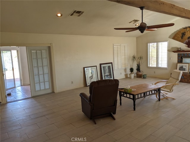 8802 Rubidoux Ave, Yucca Valley, CA 92284 - living area featuring a ceiling fan, wood finished floors, and recessed lighting