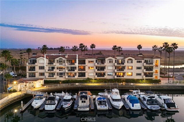 drone / aerial view with a water view