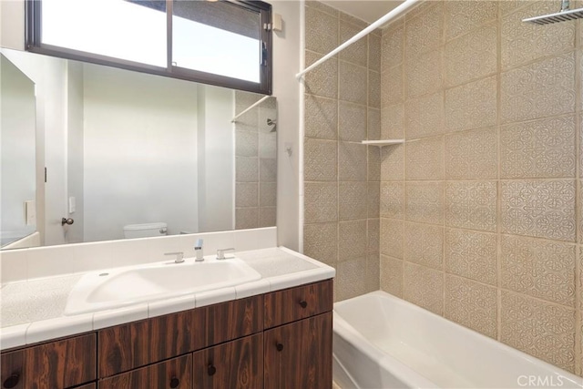 full bathroom with shower / tub combination, toilet, and vanity