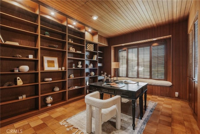 office with wood ceiling and wood walls
