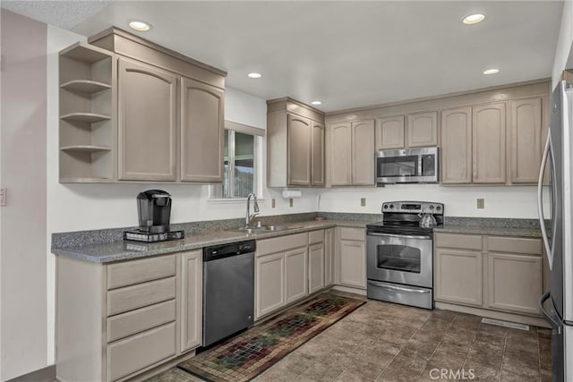 19506 Old Creek Rd, Hidden Valley Lake, CA 95467 - kitchen featuring a sink, stainless steel appliances, open shelves, and recessed lighting