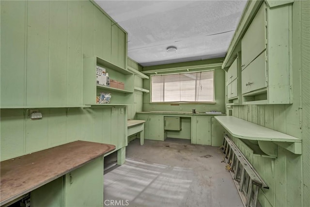 19506 Old Creek Rd, Hidden Valley Lake, CA 95467 - kitchen with green cabinets, wood walls, and open shelves