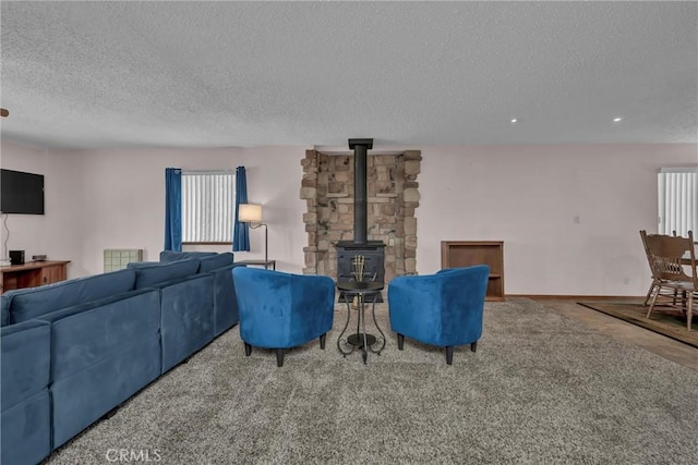 19506 Old Creek Rd, Hidden Valley Lake, CA 95467 - living area with a healthy amount of sunlight, a wood stove, carpet, baseboards, and a textured ceiling