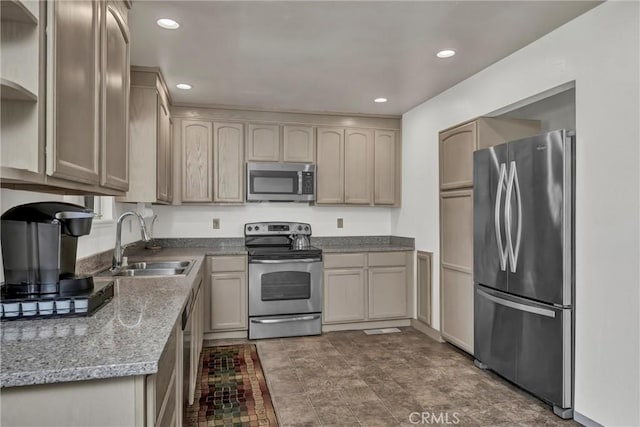 19506 Old Creek Rd, Hidden Valley Lake, CA 95467 - kitchen featuring a sink, open shelves, recessed lighting, and appliances with stainless steel finishes