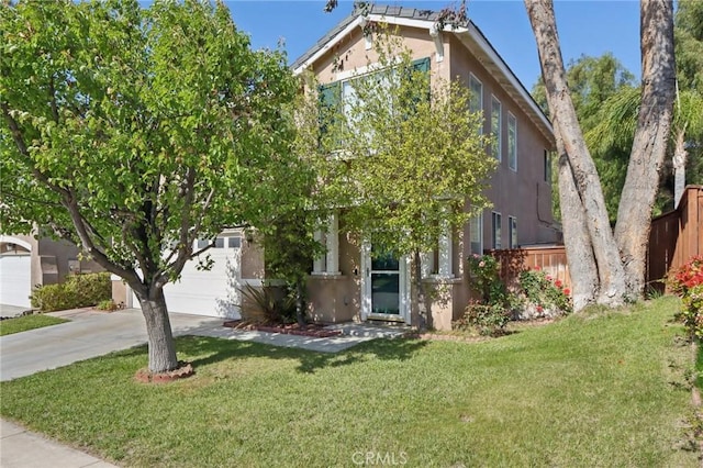 42042 Chestnut Dr, Temecula, CA 92591 - view of property hidden behind natural elements with an attached garage, stucco siding, fence, a front lawn, and driveway
