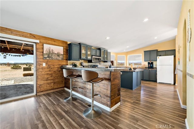 kitchen with plenty of natural light, stainless steel microwave, a peninsula, and freestanding refrigerator