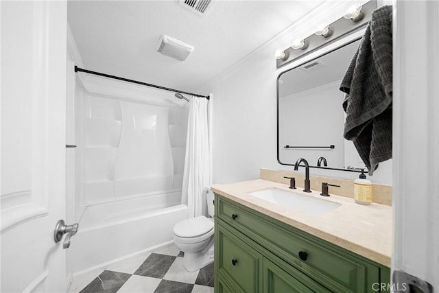 bathroom featuring crown molding, toilet, vanity, shower / bathtub combination with curtain, and visible vents