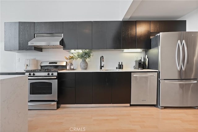 4215 Glencoe Ave Unit 407, Marina Del Rey, CA 90292 - kitchen featuring decorative backsplash, stainless steel appliances, a sink, light wood-type flooring, and extractor fan