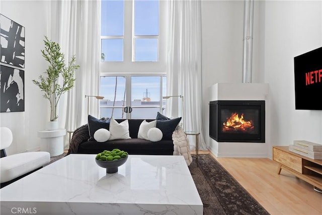 4215 Glencoe Ave Unit 407, Marina Del Rey, CA 90292 - living area with a towering ceiling, wood finished floors, and a glass covered fireplace