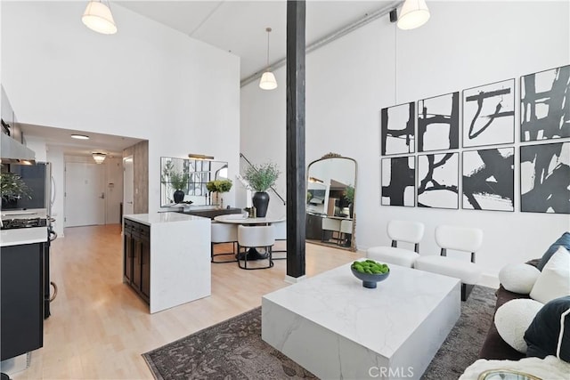 4215 Glencoe Ave Unit 407, Marina Del Rey, CA 90292 - living room with a towering ceiling and light wood-type flooring