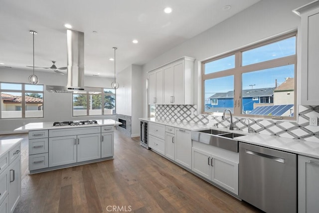 kitchen with a ceiling fan, appliances with stainless steel finishes, a sink, island range hood, and dark wood-style floors