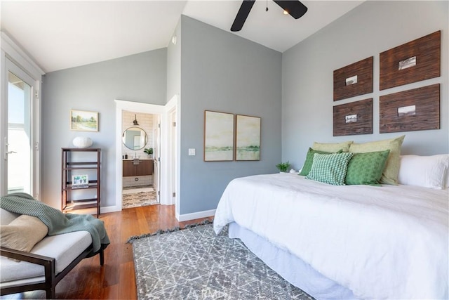 16865 S Pacific Ave, Sunset Beach, CA 90742 - bedroom with wood finished floors, baseboards, ensuite bath, a ceiling fan, and high vaulted ceiling