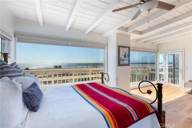 16865 S Pacific Ave, Sunset Beach, CA 90742 - bedroom featuring wood finished floors, wood ceiling with exposed beams, and ceiling fan