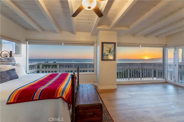 16865 S Pacific Ave, Sunset Beach, CA 90742 - bedroom featuring wood finished floors, wooden ceiling with exposed beams, access to exterior, baseboards, and a ceiling fan