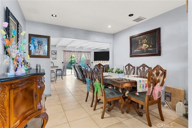 7738 Adwen St, Downey, CA 90241 - dining room featuring visible vents, recessed lighting, light tile patterned floors, and beamed ceiling