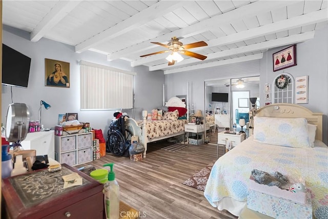 7738 Adwen St, Downey, CA 90241 - bedroom with a ceiling fan, beamed ceiling, wooden ceiling, and wood finished floors