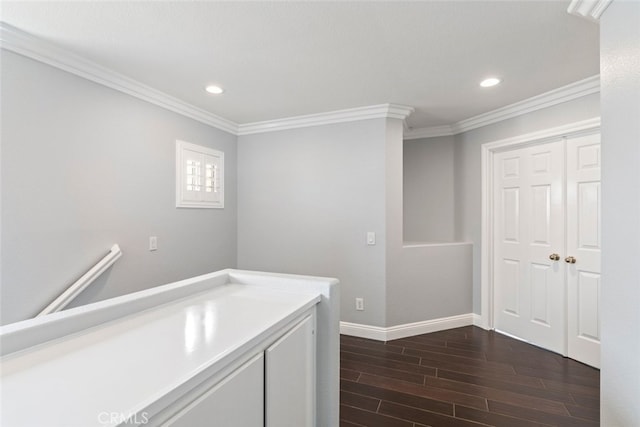 27077 Calendula St, Corona, CA 92883 - washroom with recessed lighting, baseboards, crown molding, and dark wood finished floors