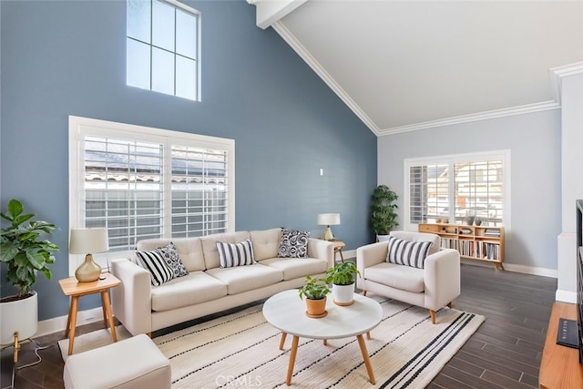 27077 Calendula St, Corona, CA 92883 - living room featuring crown molding, wood finished floors, high vaulted ceiling, and baseboards